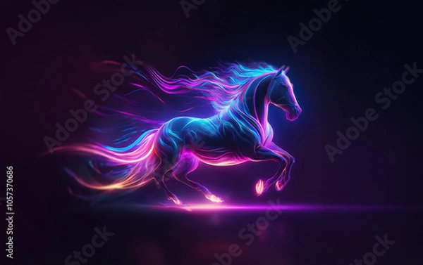 Fototapeta A glowing horse in a fiery pose leaps across a dark background.