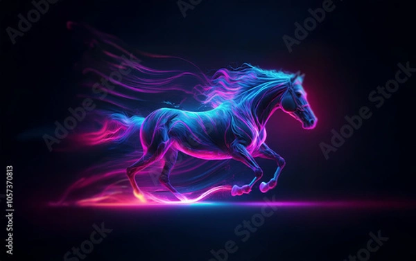 Obraz A glowing horse runs across a dark background, its mane and tail flowing like ribbons of light.