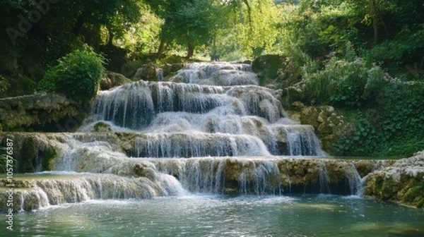 Fototapeta Beautiful limestone waterfall, with cascading water and lush greenery,