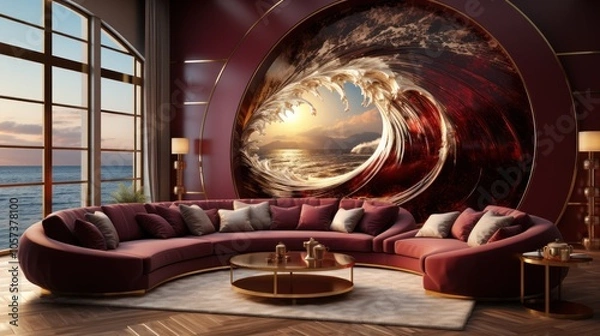 Fototapeta A luxurious living room with a wave mural and scenic ocean view.