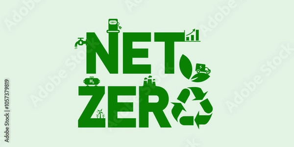 Fototapeta Net Zero and Carbon Neutral Greenhouse Gas Emissions Concept. Net Zero Greenhouse Gas Emissions Target with Green Health Center Icon. Vector Illustration.