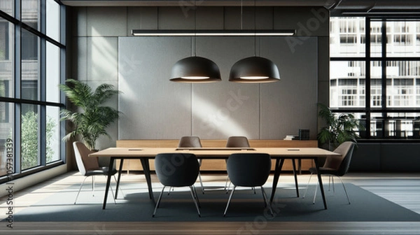 Obraz Modern conference room with large wooden table, six chairs, two pendant lights, large windows, and indoor plants creating a stylish and professional atmosphere.