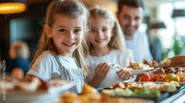 Obraz Excited children enjoying a buffet breakfast in a hotel,