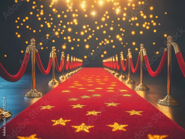 Fototapeta Elegant red carpet with star pattern under a canopy of glowing lights, creating a glamorous entrance.