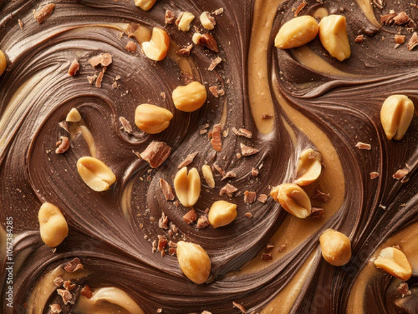 Fototapeta Smooth swirls of chocolate and peanut butter topped with crunchy peanuts and chocolate shavings.