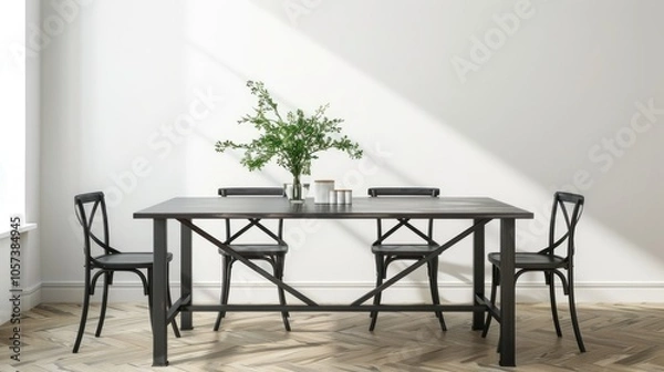 Fototapeta Black metal table set in dining room and kitchen, white wall background with space for mockup, front view