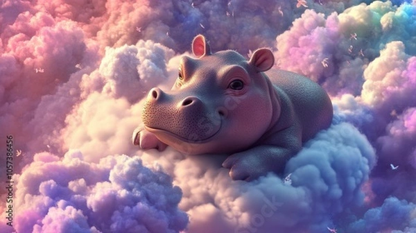 Obraz A whimsical digital illustration of a hippo resting on colorful clouds, creating a dreamlike and surreal atmosphere.