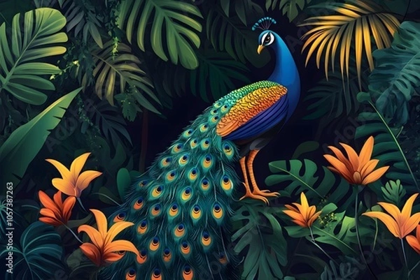 Obraz A Majestic Peacock Amidst Lush Tropical Foliage