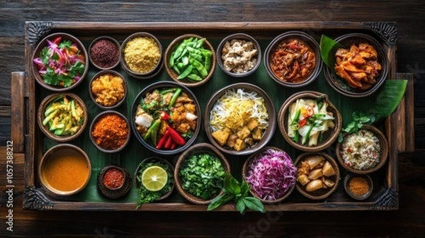 Fototapeta Khantoke tray with an array of colorful Northern Thai dishes,