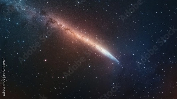 Fototapeta Burning comet tail streaking across the night sky, surrounded by bright stars and deep nebulae generative ai