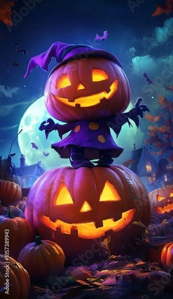 Fototapeta Charming Pixar-style Pumpkin Character Under the Full Moon - AI generated illustration