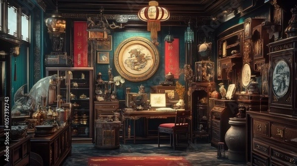 Fototapeta Richly detailed poster of a Chinese-style room, showcasing an array