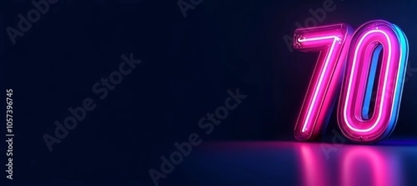 Fototapeta Neon Number 70, with Pink and Blue Glow, Isolated on a Dark Background with Copy Space