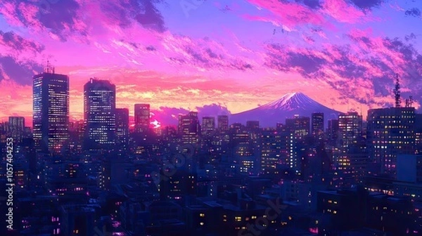 Fototapeta Tokyo skyline at dusk with illuminated buildings and Mount Fuji in the background under a colorful sunset sky, capturing iconic Japan.