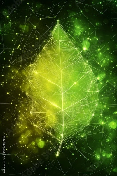 Fototapeta Glowing Green Leaf with Network Connections, Symbolizing Nature and Technology Integration.