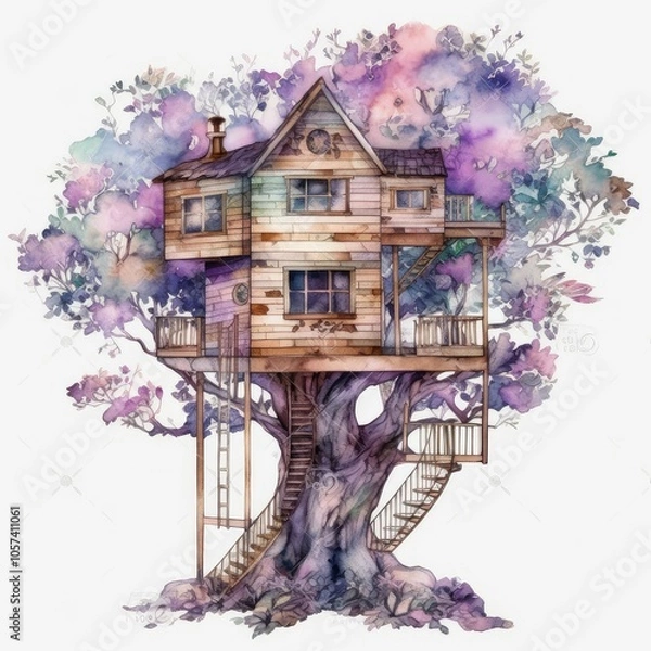 Fototapeta Watercolor illustration of a tree house in a tree.