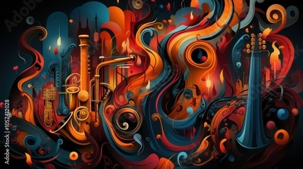 Fototapeta A vibrant abstract illustration featuring musical instruments intertwined with colorful fluid shapes.