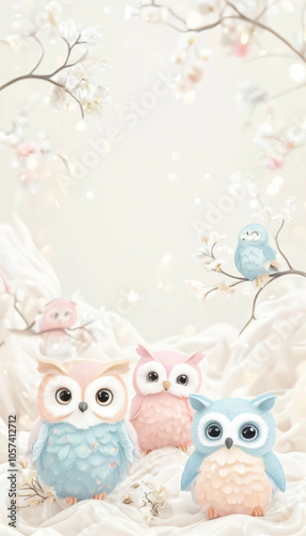 Fototapeta Cute Owls with Pastel Colors on Branch in Fantasy Setting