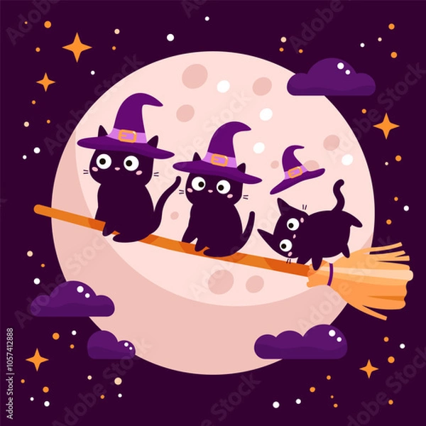 Fototapeta Three witch cats flying on broomstick. Witch cats flying on broomstick. Halloween vector illustration. Night sky with full moon on background. Cute kawaii kittens.