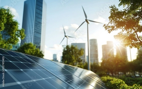 Fototapeta A sunny urban landscape featuring solar panels and wind turbines, symbolizing renewable energy and sustainability in modern architecture.