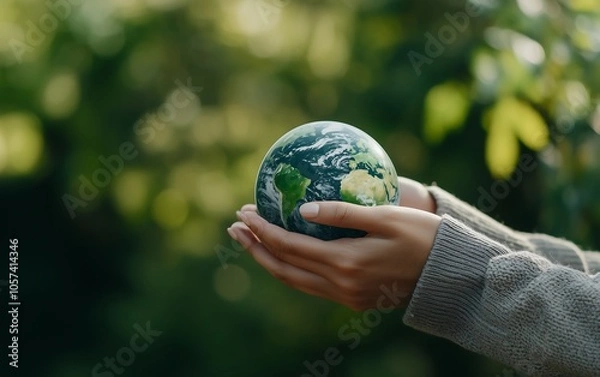 Fototapeta A person holds a small globe in their hands, symbolizing care for the Earth, surrounded by lush greenery.