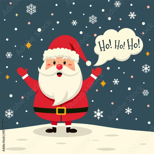 Obraz Santa Claus saying 'Ho Ho Ho' in winter wonderland, great for Christmas event invitations, holiday greeting cards, social media posts and festive advertising. Vector illustration in cartoon style
