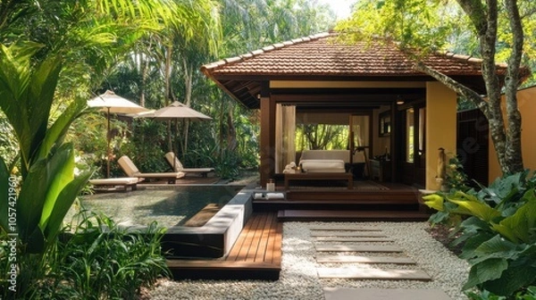 Fototapeta Hotel spa with an outdoor relaxation area set in a lush garden