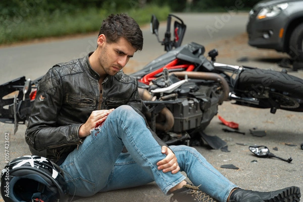 Obraz Motorcyclist sits on the asphalt near motorcycle, after road accidents with car. Broken and wrecked motorcycle on road