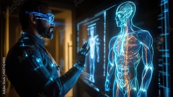 Fototapeta Doctor using a 3D holographic display of a human body for in-depth medical examination and insights