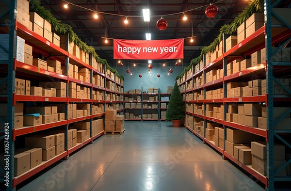 Obraz A Christmas-themed warehouse aisle with shelves full of supplies, adorned with garlands and festive lights