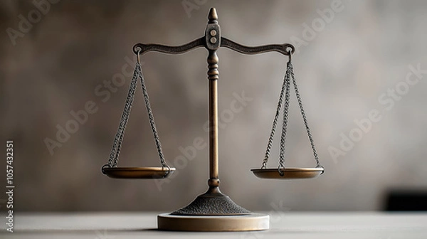 Fototapeta Bronze balance scale with two hanging pans on a blurred gray background symbolizing justice or fairness