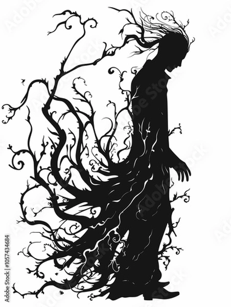 Fototapeta Black and white drawing of a person with tree branches growing out of their body. The image has a dark and eerie mood, with the person appearing to be a ghost or a spirit