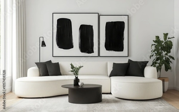 Fototapeta A sleek, modern living room with an ivory-colored oval sofa, a minimalist round coffee table, and striking black abstract art on the wall