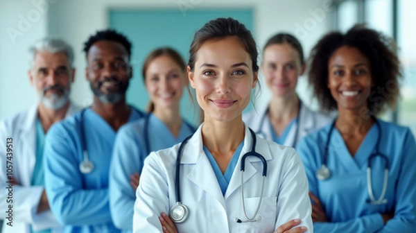 Fototapeta Diverse team of medical professionals in uniform posing together in a hospital setting. Multidisciplinary medical team led by a female doctor in a healthcare facility.
