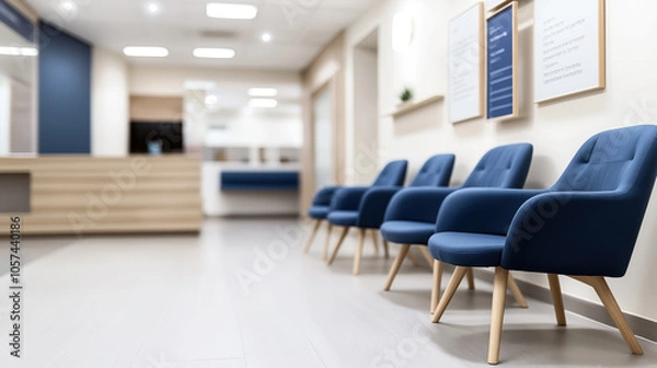 Fototapeta Modern waiting area with blue chairs and wooden floor in a bright, well-lit interior space featuring a reception desk.