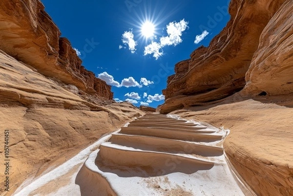 Fototapeta A desert landscape under the scorching sun, with waves of heat rising from the ground, capturing the harsh, intense feel of extreme temperatures, symbolizing endurance and isolation