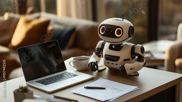 Fototapeta A small humanoid robot with glowing eyes is sitting at a wooden desk. In front of it is a laptop, a cup of coffee, and some documents. The room is softly lit and features comfortable seating.