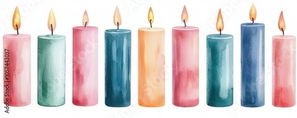 Fototapeta Colorful candle arrangement with glowing flames, white isolated background.