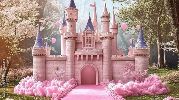 Fototapeta Enchanting 3D Pink Castle Backdrop for Cake Smash Princess Photoshoot in Forest - Stunningly Detailed Photorealistic Background