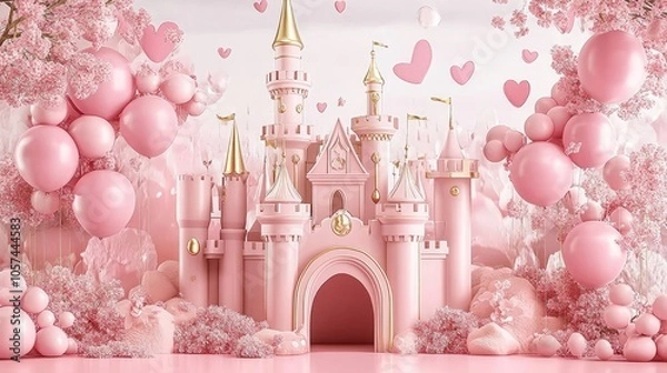 Obraz Enchanting 3D Pink Castle Backdrop for Cake Smash Princess Photoshoots