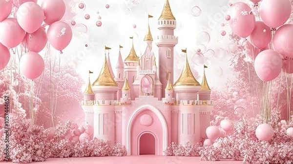Fototapeta Enchanting 3D Pink Castle Backdrop for Cake Smash Princess with Photorealistic Forest Background Detail