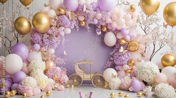 Fototapeta Enchanting Fairy Tale Themed Balloon Arch with Vintage Carriage Prop and Easter Egg - Whimsical Cakesmash Photoshoot Setting