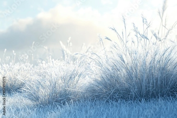 Obraz Winter background  morning frost on the grass with copy space