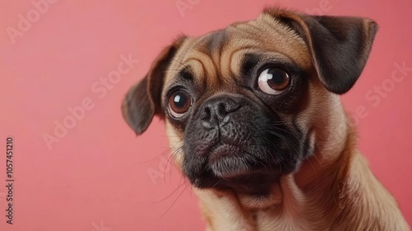 Obraz Playful pug with a wrinkly face on a solid pink background, humorous and adorable