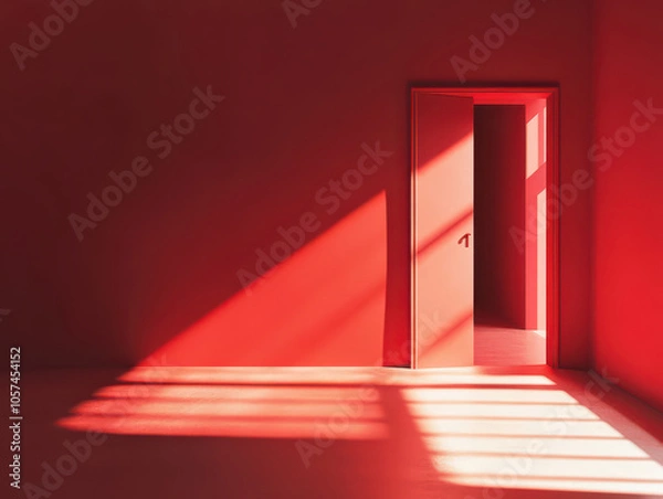 Fototapeta An open door in a red room with light streaming in, creating a warm and inviting atmosphere.