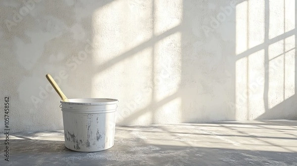 Obraz A scene from a painting project using a white bucket and paint brush placed on a clean surface.