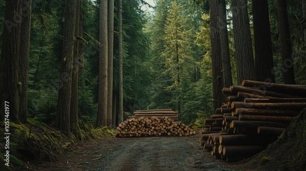 Obraz Photograph of a forest with neatly arranged logs surrounded by tall trees.