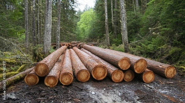 Obraz Photograph of a forest with neatly arranged logs surrounded by tall trees.