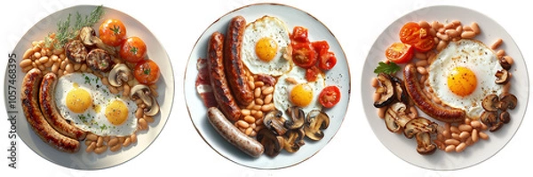 Obraz Delicious breakfast plates featuring eggs, sausages, and beans