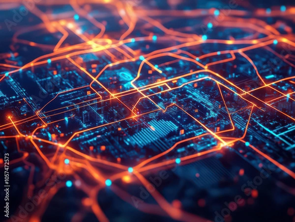 Fototapeta A futuristic cityscape illuminated by glowing orange lines representing data connections, evoking a sense of technological advancement and urban connectivity.